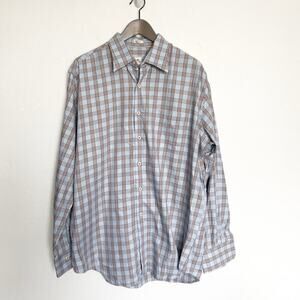 Peter Millar Button Down Shirt Large Plaid Light Blue Brown Cotton Dress